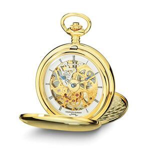 Charles Hubert Gold Tone Stnlss Steel Skeleton Dial Pocket Watch 54mm